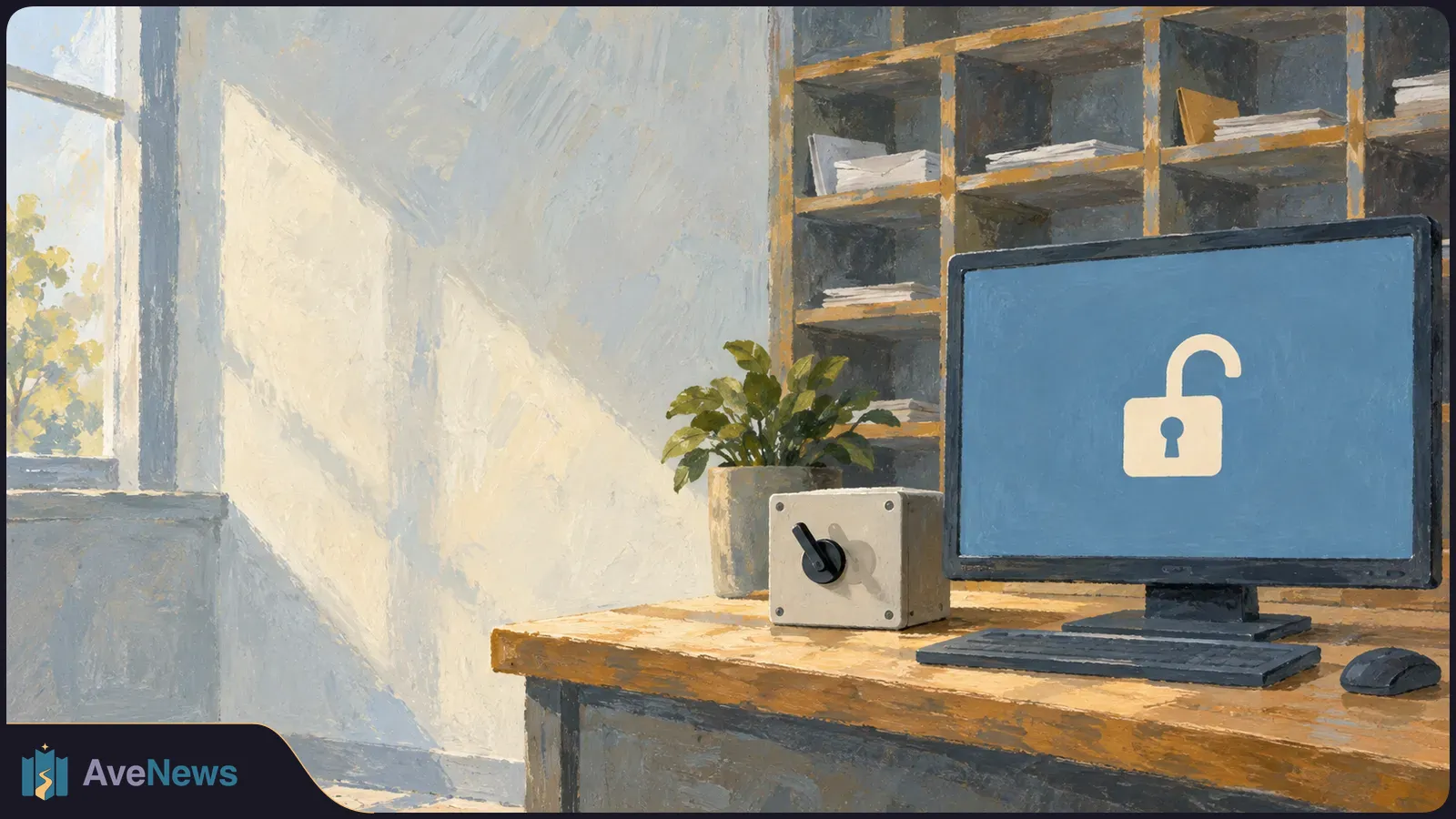 Painted office scene with a monitor showing an open padlock on a blue screen, beside a switch box, keyboard, mouse, plant and shelves. SI illustration