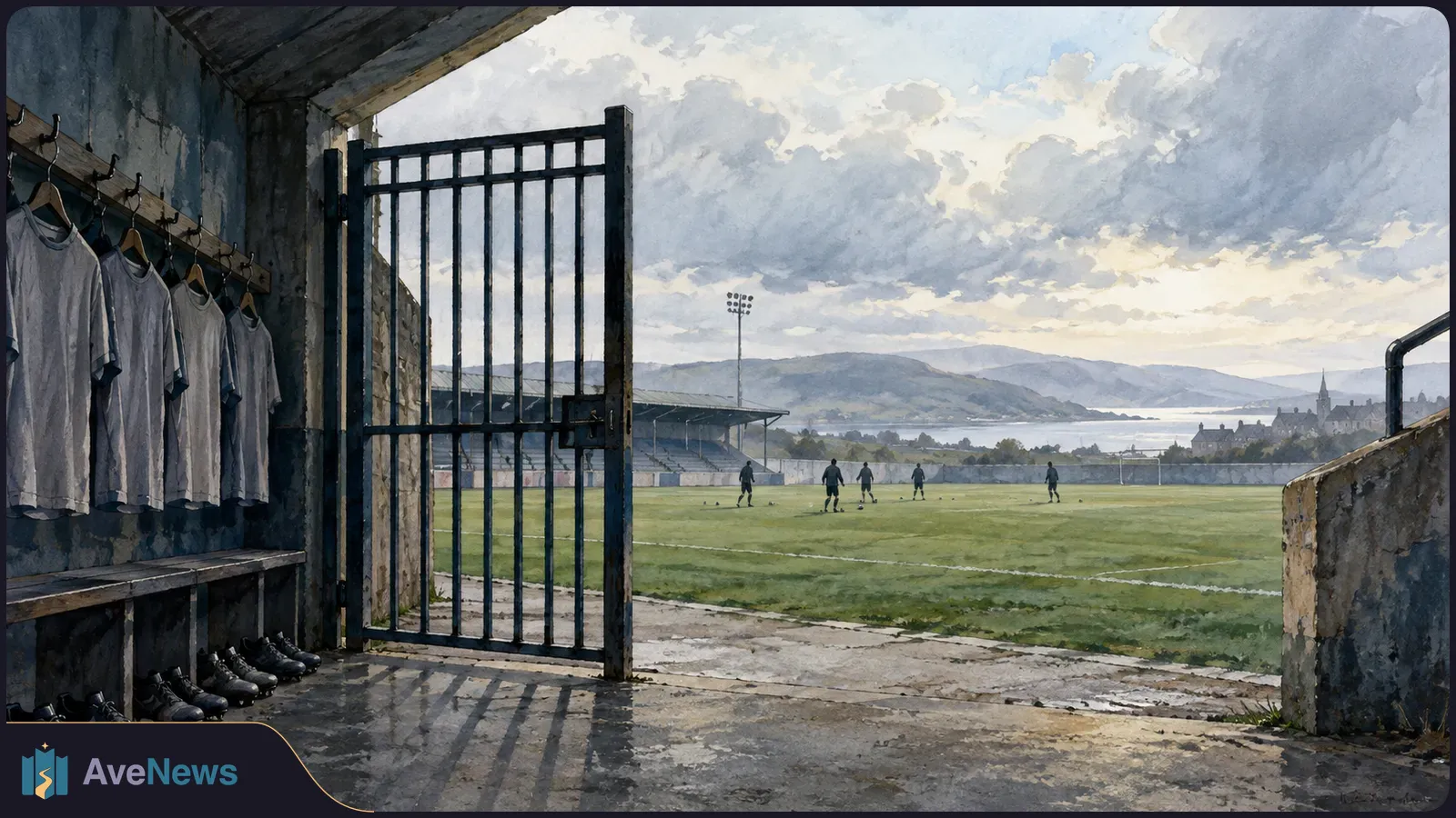 Through an open metal gate beside hanging white jerseys and football boots, a few players stand on a pitch beneath a cloudy sky. SI illustration