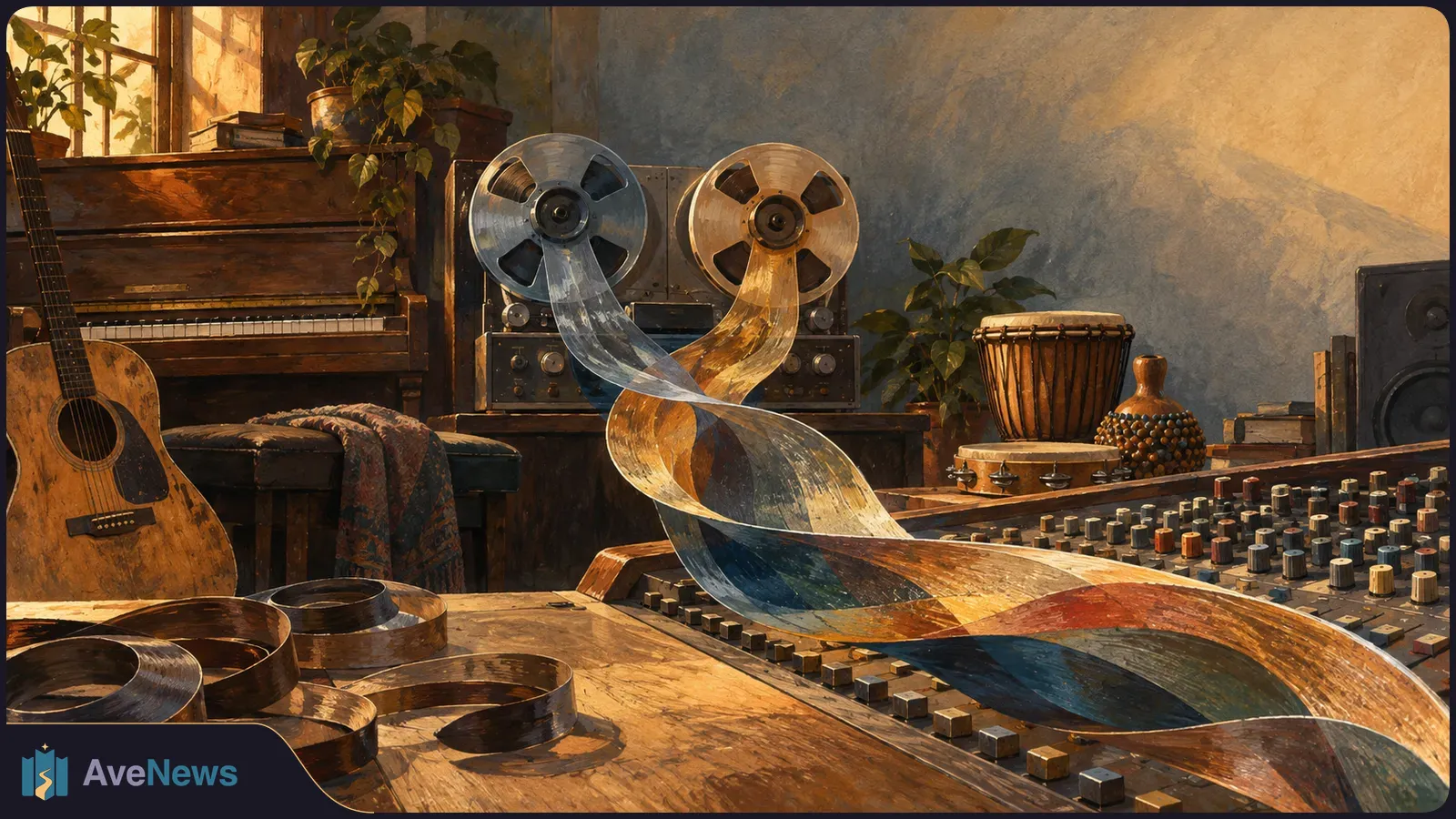 Illustrated recording studio with a reel-to-reel tape machine, looping strips of tape, a mixing desk, guitar, piano and percussion in warm light. SI illustration