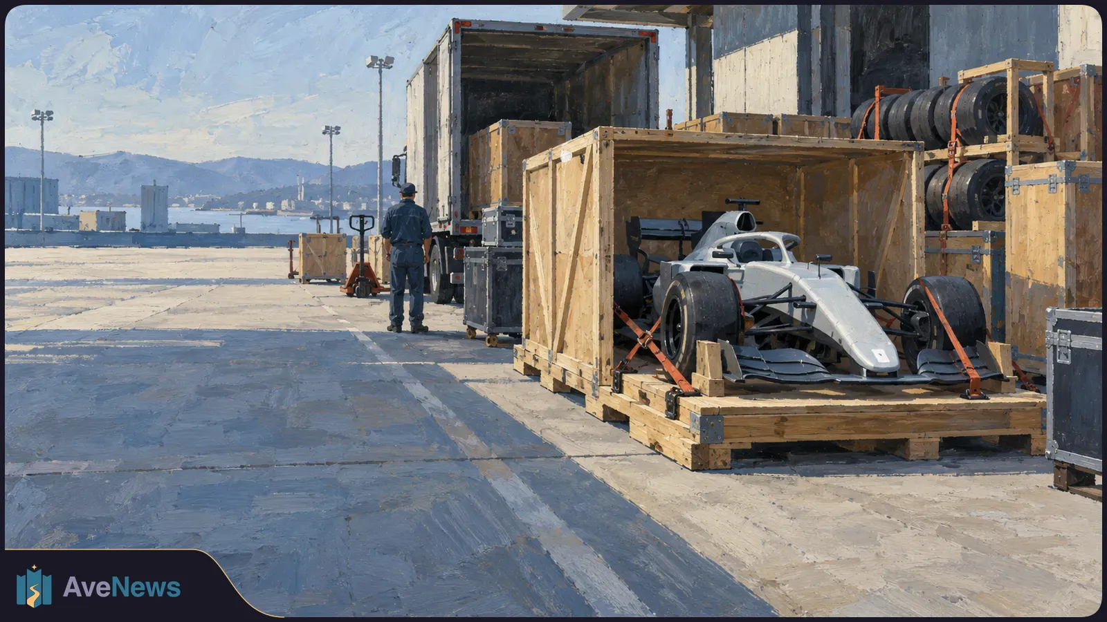 A white open-wheel race car strapped inside a wooden shipping crate beside an open truck, with a worker standing nearby in a loading yard. SI illustration