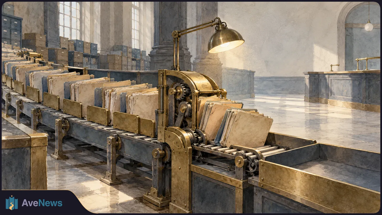 Rows of file folders move along a brass-and-steel conveyor beneath a lamp in a large records hall lined with filing cabinets. SI illustration