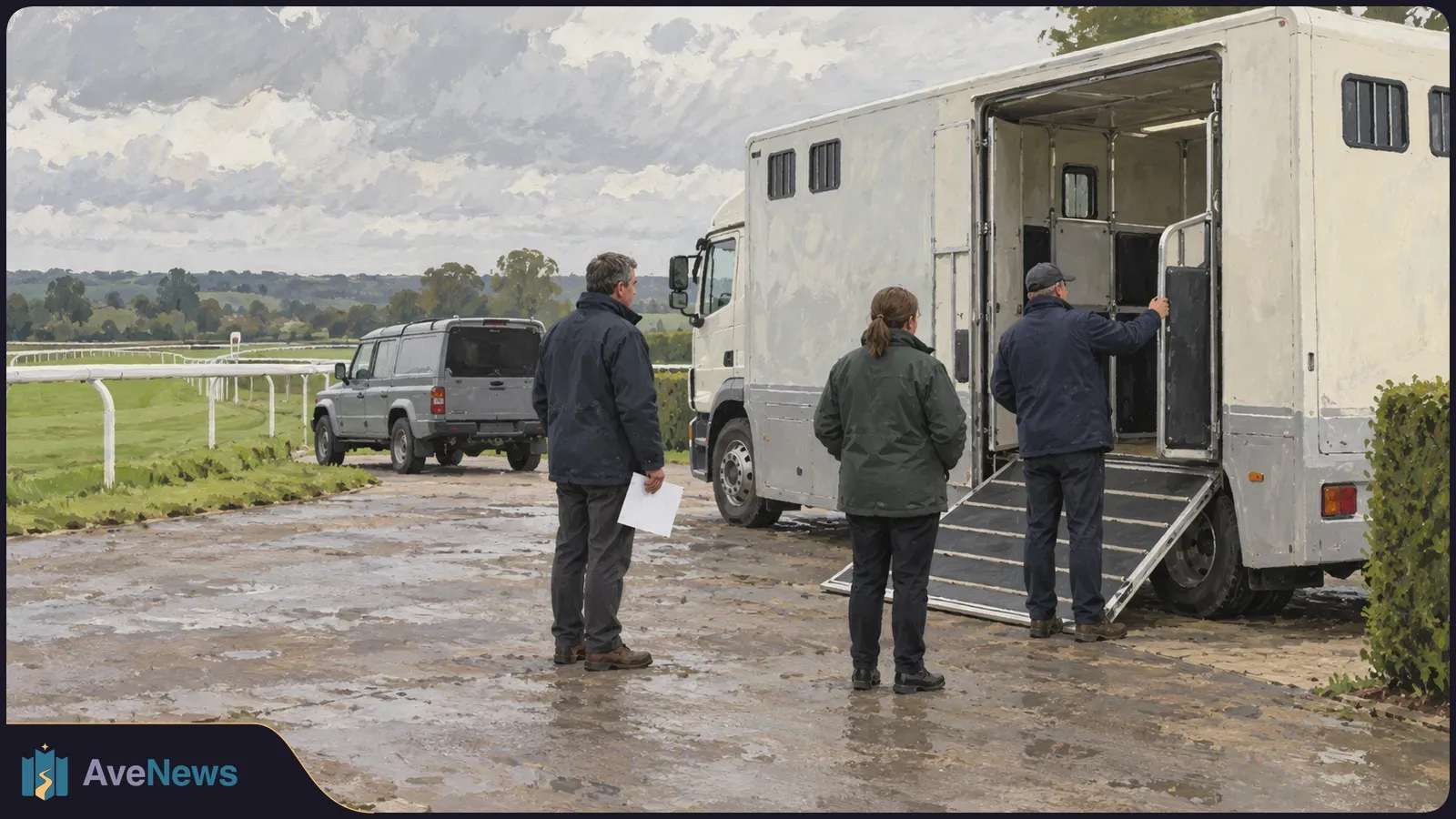 Three people stand beside the open ramp of a white horsebox at a racecourse; a grey SUV is parked near the track under a cloudy sky. SI illustration