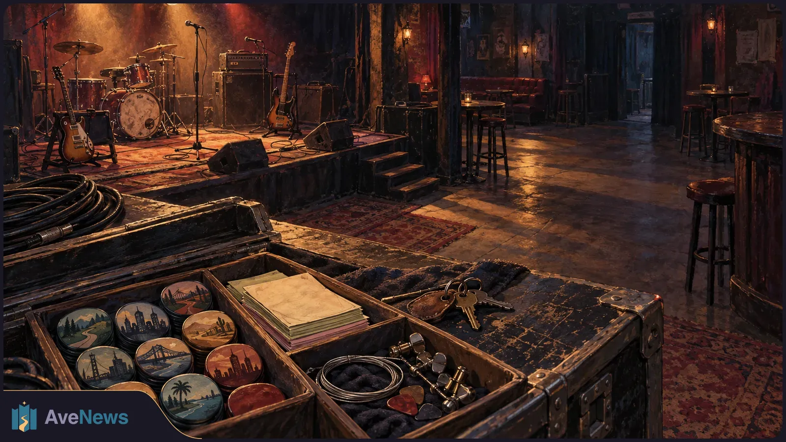Illustrated empty music venue with drums, guitars and microphones onstage. An open equipment trunk in front holds cables, papers, guitar picks and keys. SI illustration