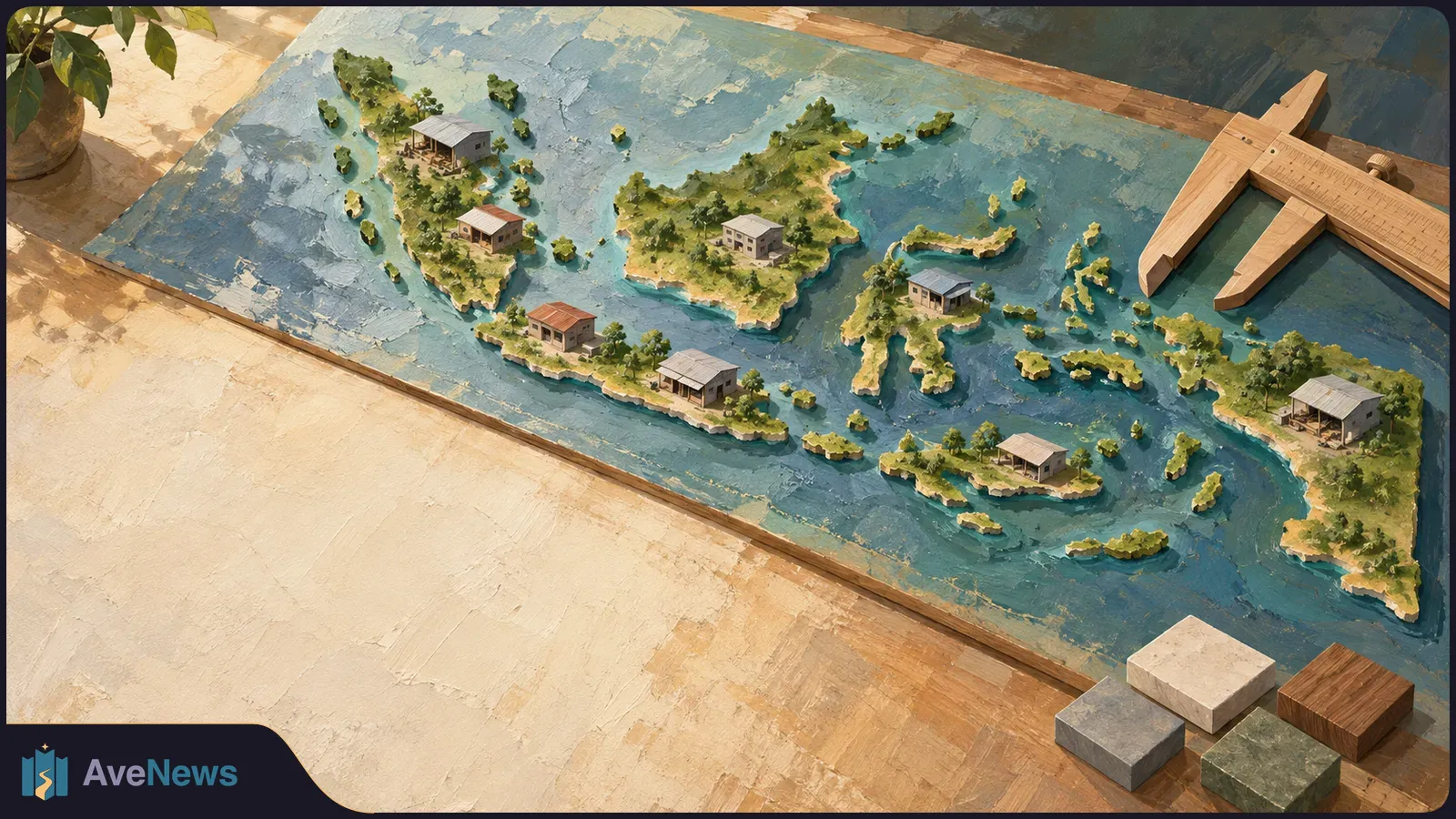 A painted tabletop map of Indonesia’s islands dotted with miniature houses and trees, with a wooden measuring tool and four material blocks beside it. SI illustration