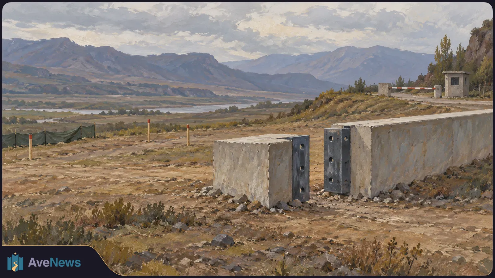 Illustration of concrete barriers beside a dirt road, with a small guard booth and gate on a hillside overlooking a river valley and mountains. SI illustration