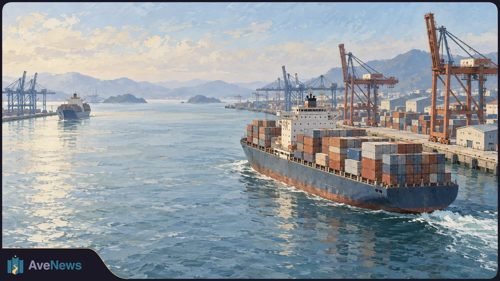 Painted harbor scene with a container ship passing cranes and stacked cargo containers; another ship crosses the water beneath distant mountains. SI illustration