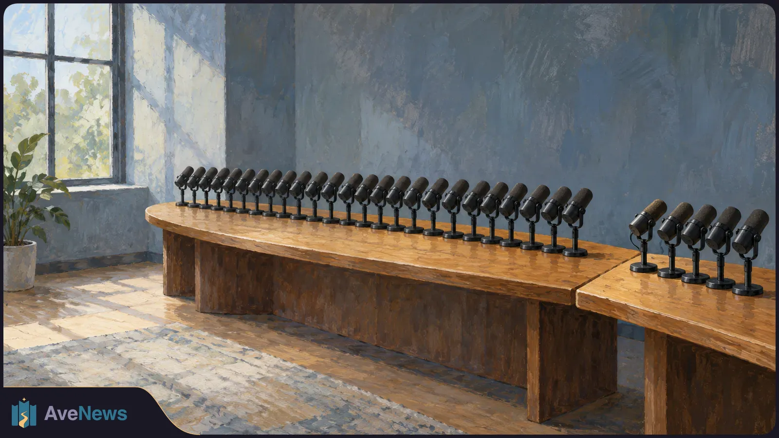 In a painted, sunlit room, 25 black tabletop microphones line a long wooden table, with five more on an adjoining table. SI illustration