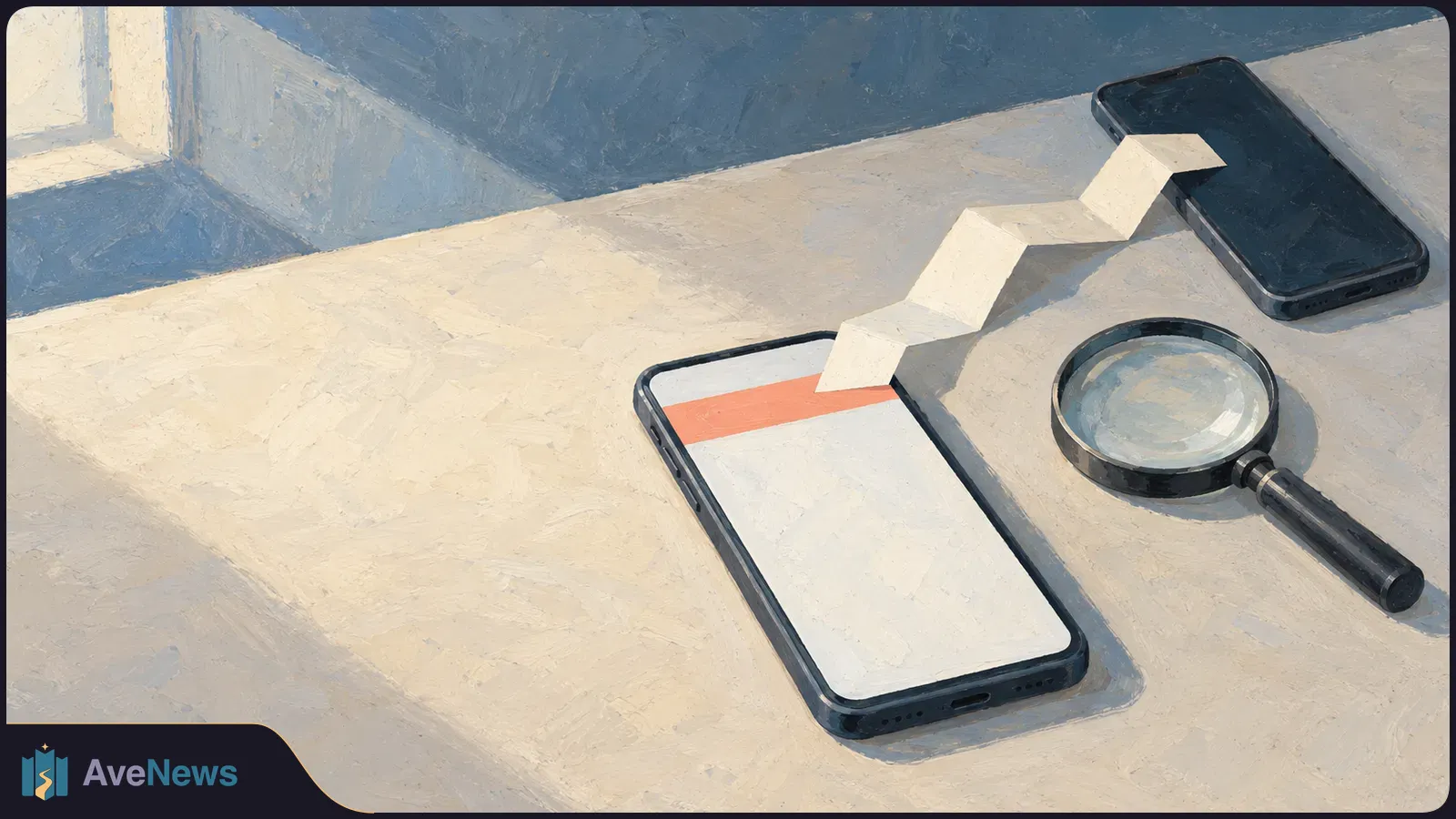 Painted illustration of two smartphones on a pale table, one with a blank screen and orange band, beside a magnifying glass and a folded white strip linking the phones. SI illustration