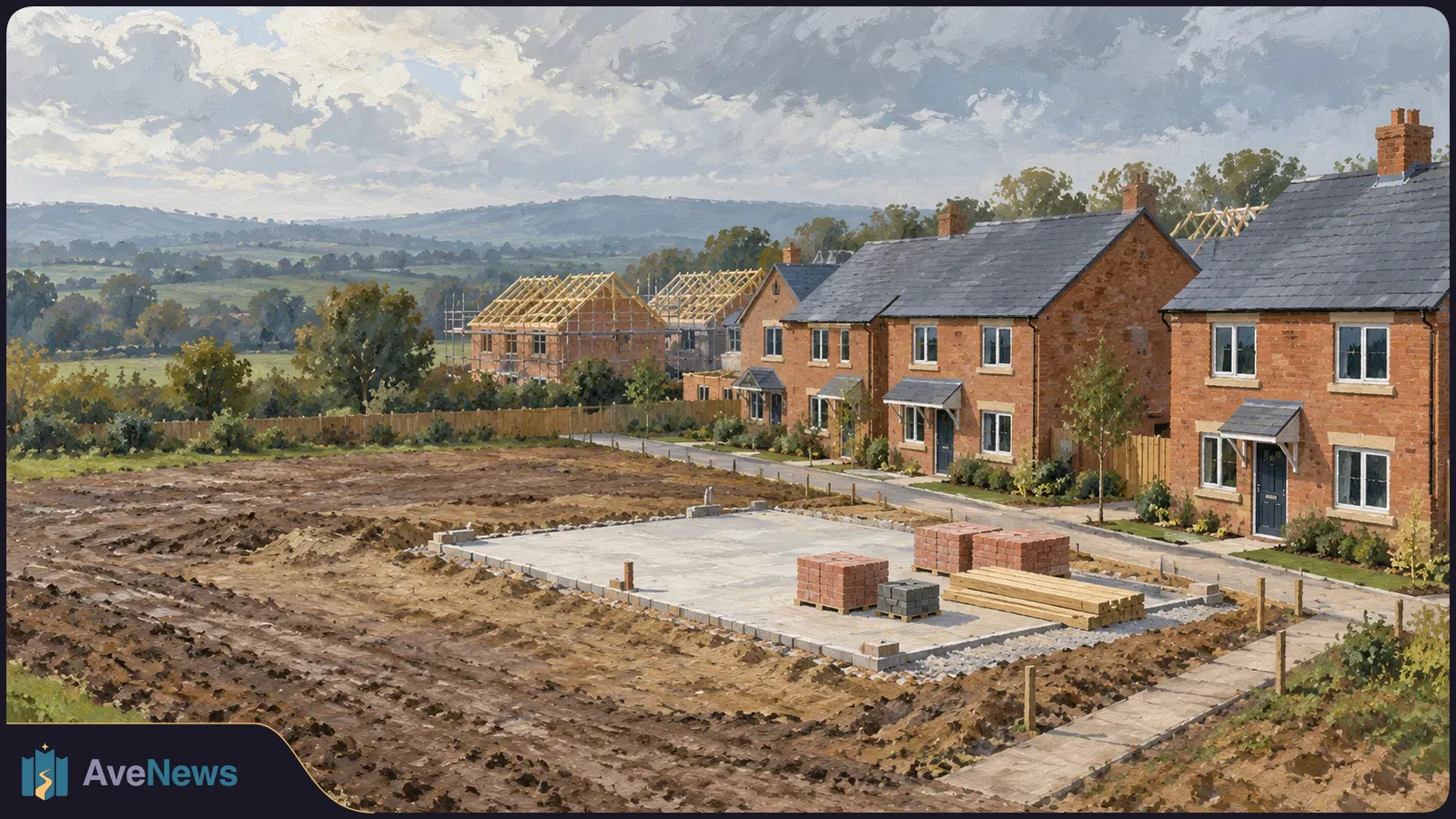 Painted view of brick houses beside a muddy building plot, with a concrete foundation, stacked bricks and timber, and roof frames under construction behind them. SI illustration