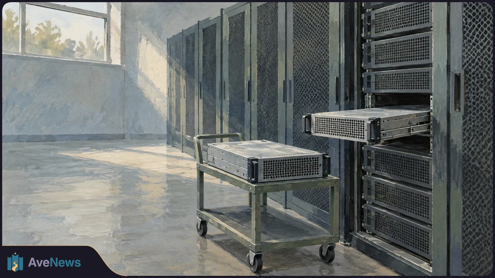Painterly illustration of server racks in a sunlit room, with one server tray pulled out and another resting on a wheeled cart. SI illustration
