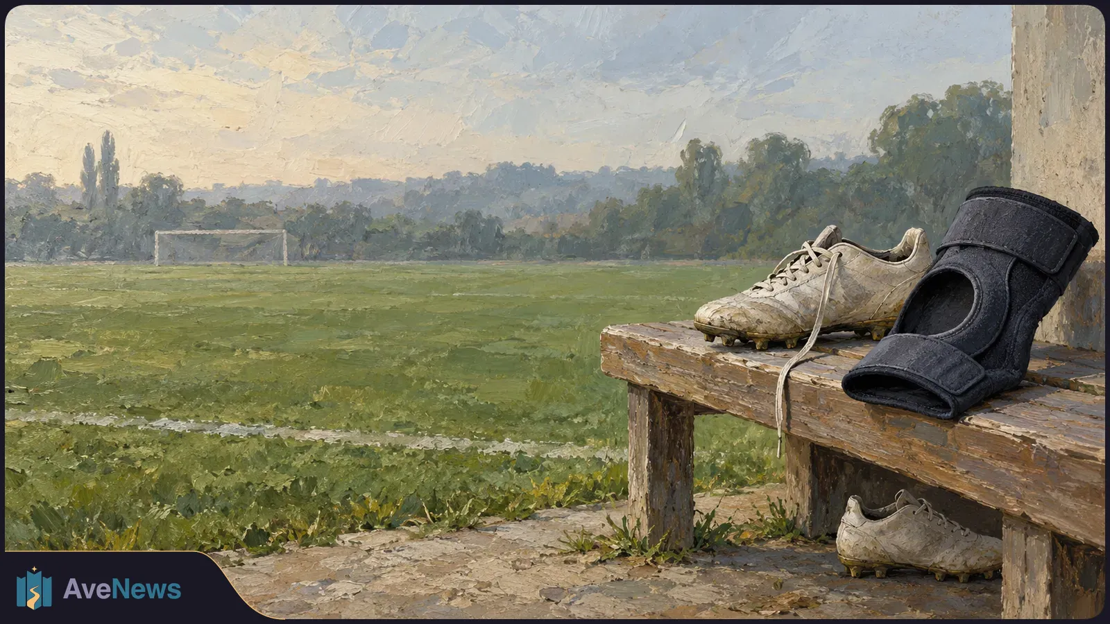 Painted scene of a soccer field with a distant goal. Two muddy cleats and a black knee brace rest on and beside a wooden bench. SI illustration