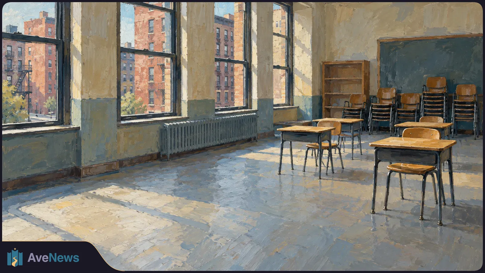 Sunlit, mostly empty classroom with a few desks, stacks of chairs by a chalkboard, and brick buildings outside tall windows. SI illustration