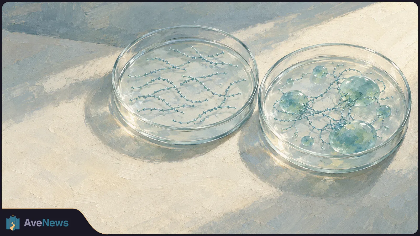Two glass petri dishes on a sunlit surface: loose bead-like strands in the left dish, tangled strands and translucent droplets in the right. SI illustration
