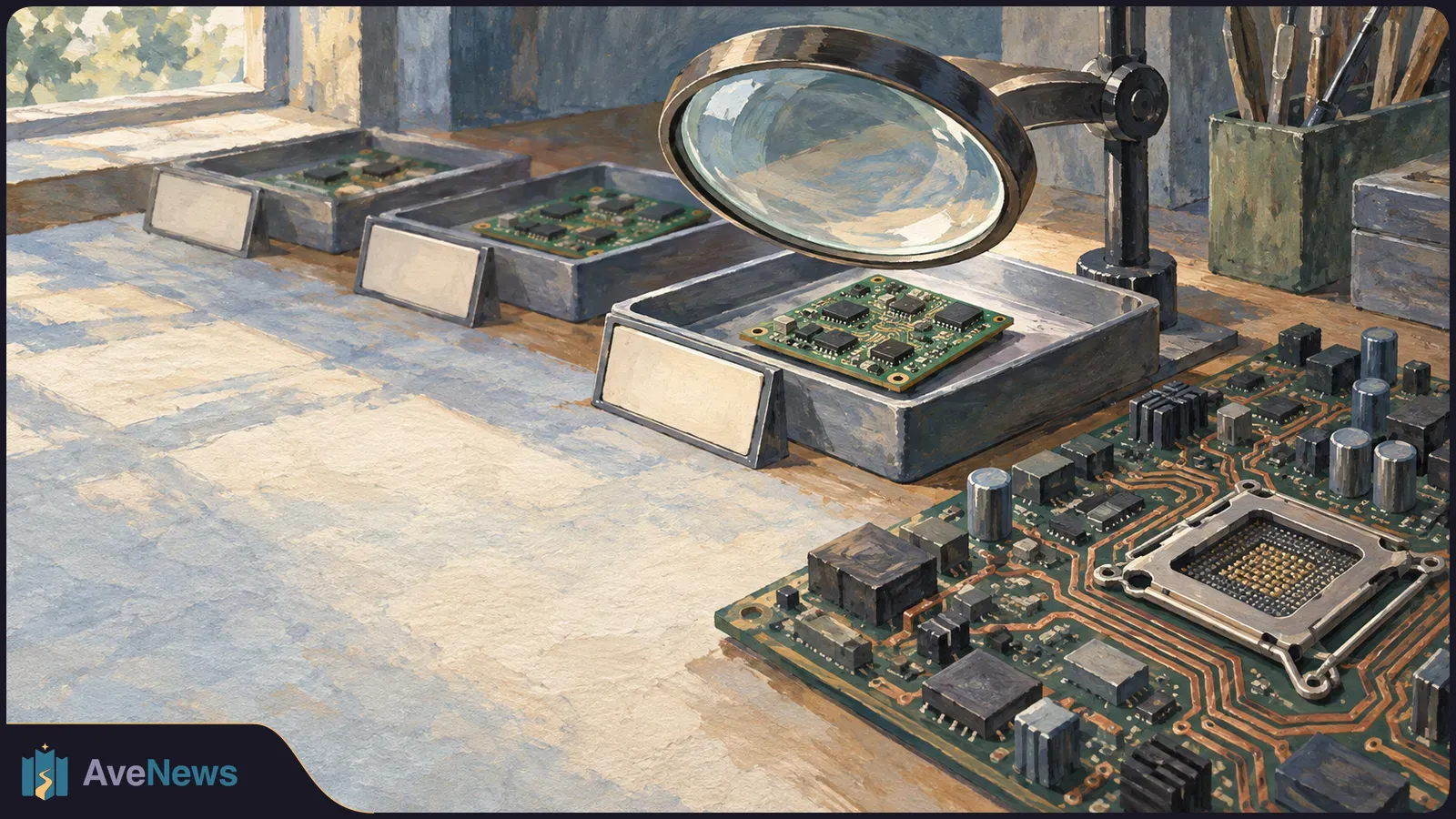 Painted workbench scene with circuit boards in trays, a magnifying glass over the nearest tray, and a larger circuit board in the foreground. SI illustration
