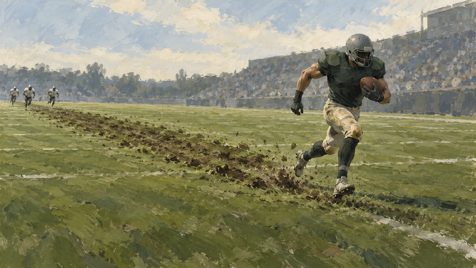 Illustration of a football player carrying the ball across a grassy field, with three players behind him and stadium stands in the background. SI illustration