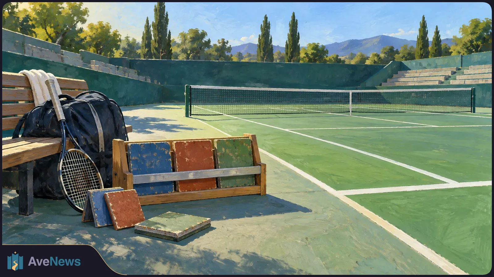 Painted empty tennis court with a net; a racket, black bag and worn colored boards sit beside a wooden bench, with trees and mountains beyond. SI illustration