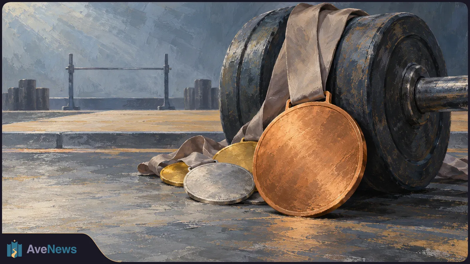 Illustration of gold, silver and bronze medals beside a loaded barbell on a gym floor, with a lifting rack in the background. SI illustration