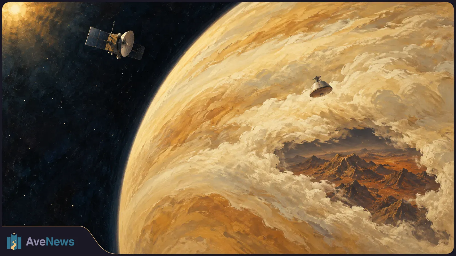 Painted space scene with a satellite and a small descending probe beside a golden, cloud-covered planet; an opening in the clouds reveals rugged terrain. SI illustration