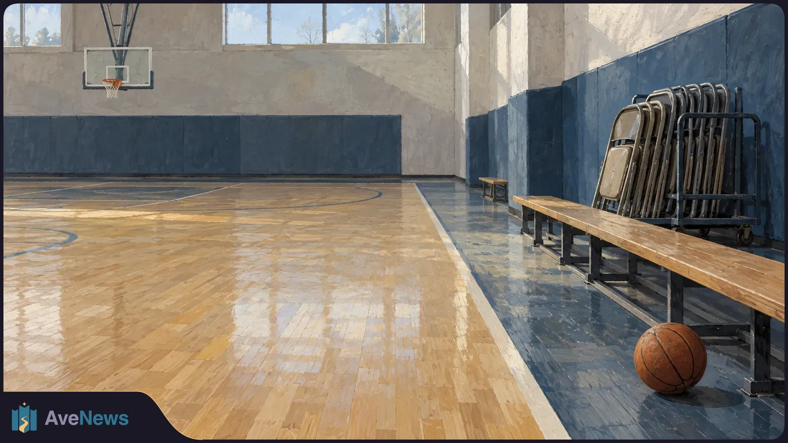 An empty basketball gym with a hoop, polished wooden court, benches, stacked chairs and a ball by the sideline. SI illustration