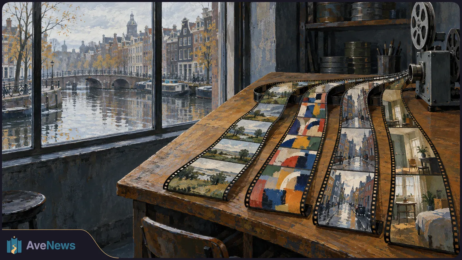 Painted film-editing room overlooking an Amsterdam canal. Several film strips showing landscapes, abstract colors, streets and an interior run across a table toward a projector. SI illustration