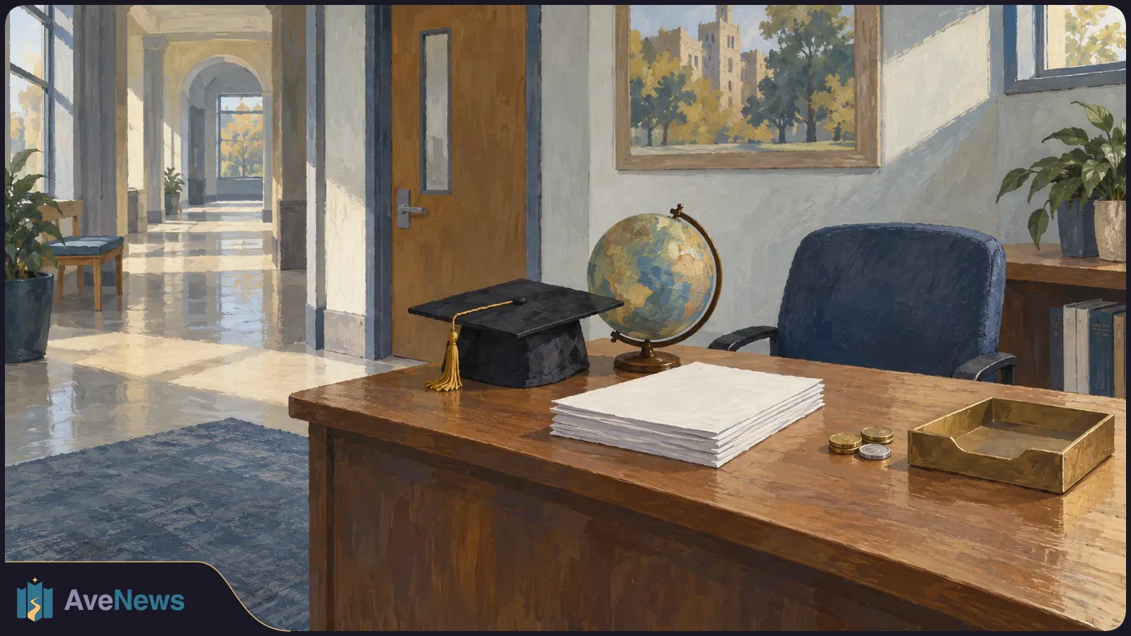 A painted office scene with a graduation cap, globe, stack of blank papers and a few coins on a wooden desk. An empty chair and sunlit hallway sit behind it. SI illustration