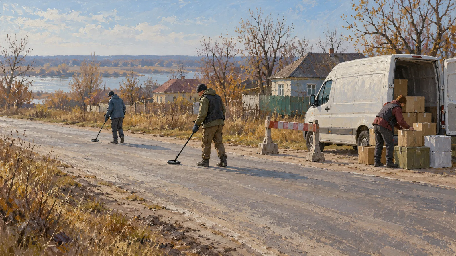 Two people sweep a rural road with metal detectors while a third handles boxes beside an open white van. Houses, autumn trees and water appear in the background. SI illustration