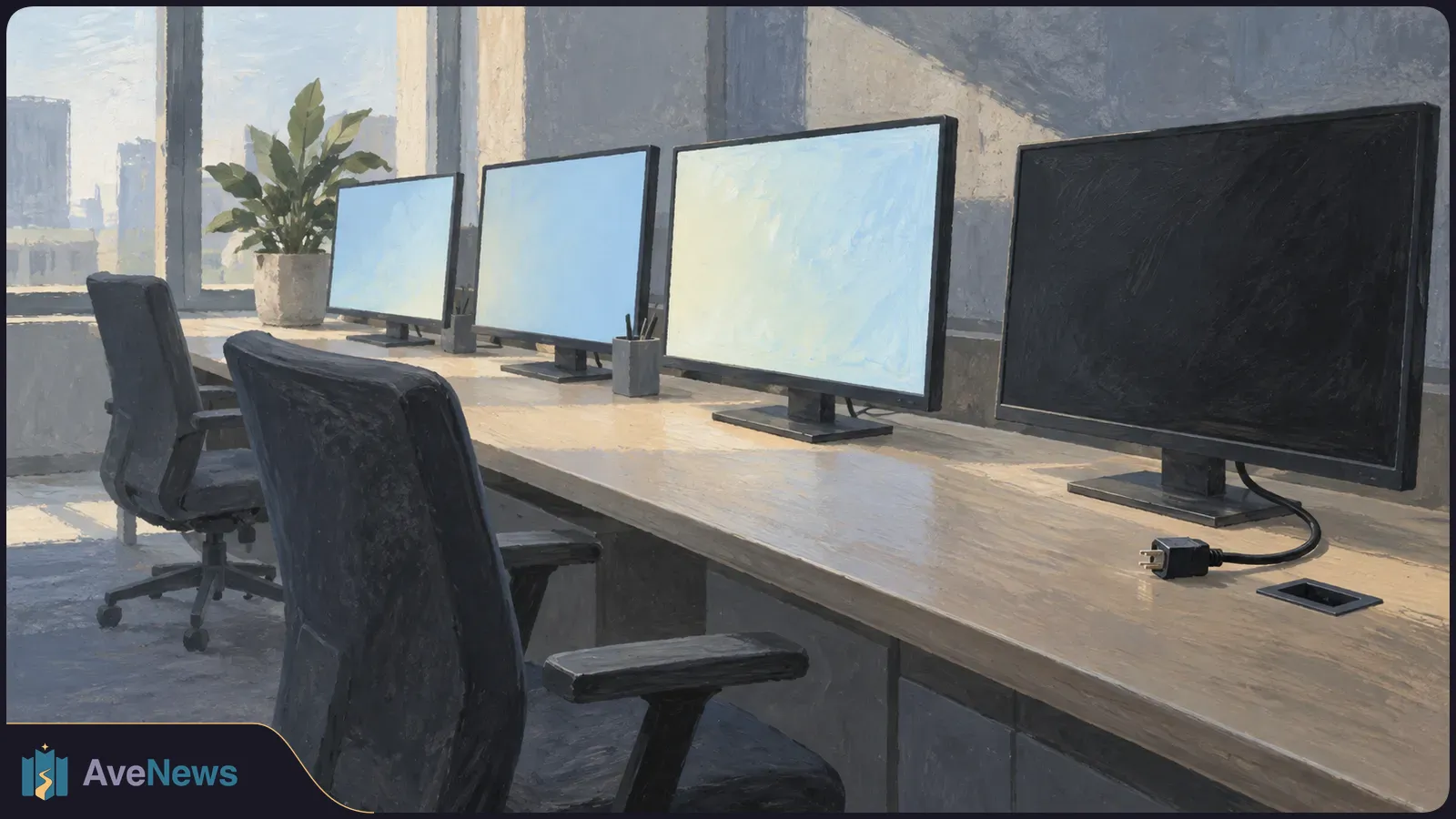 A painted office desk with four monitors: three have pale blank screens, while the fourth is dark with its plug lying loose on the desk. Empty chairs and a potted plant sit nearby. SI illustration