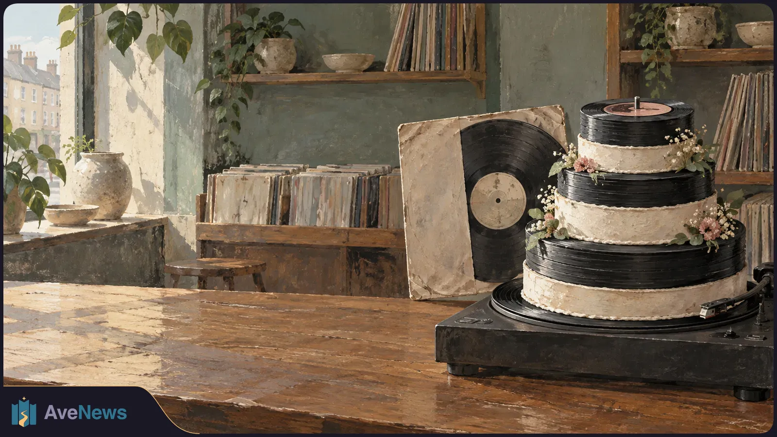 A tiered wedding cake made of black vinyl records sits on a turntable, decorated with small flowers. More records fill the shelves behind it. SI illustration