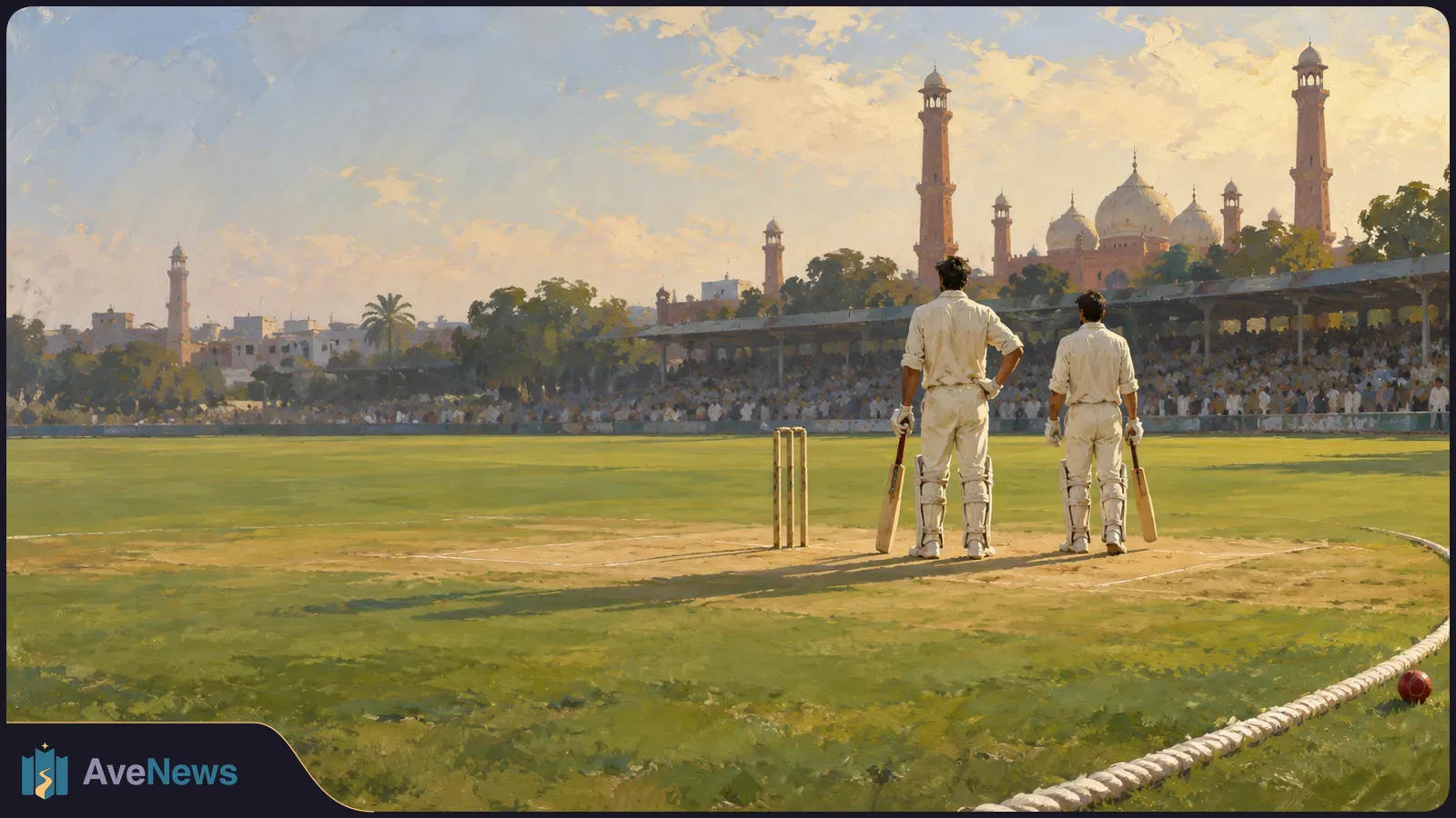 Painted cricket ground with two batters in white beside the wicket, a red ball near the boundary, crowded stands, and domes and minarets beyond. SI illustration
