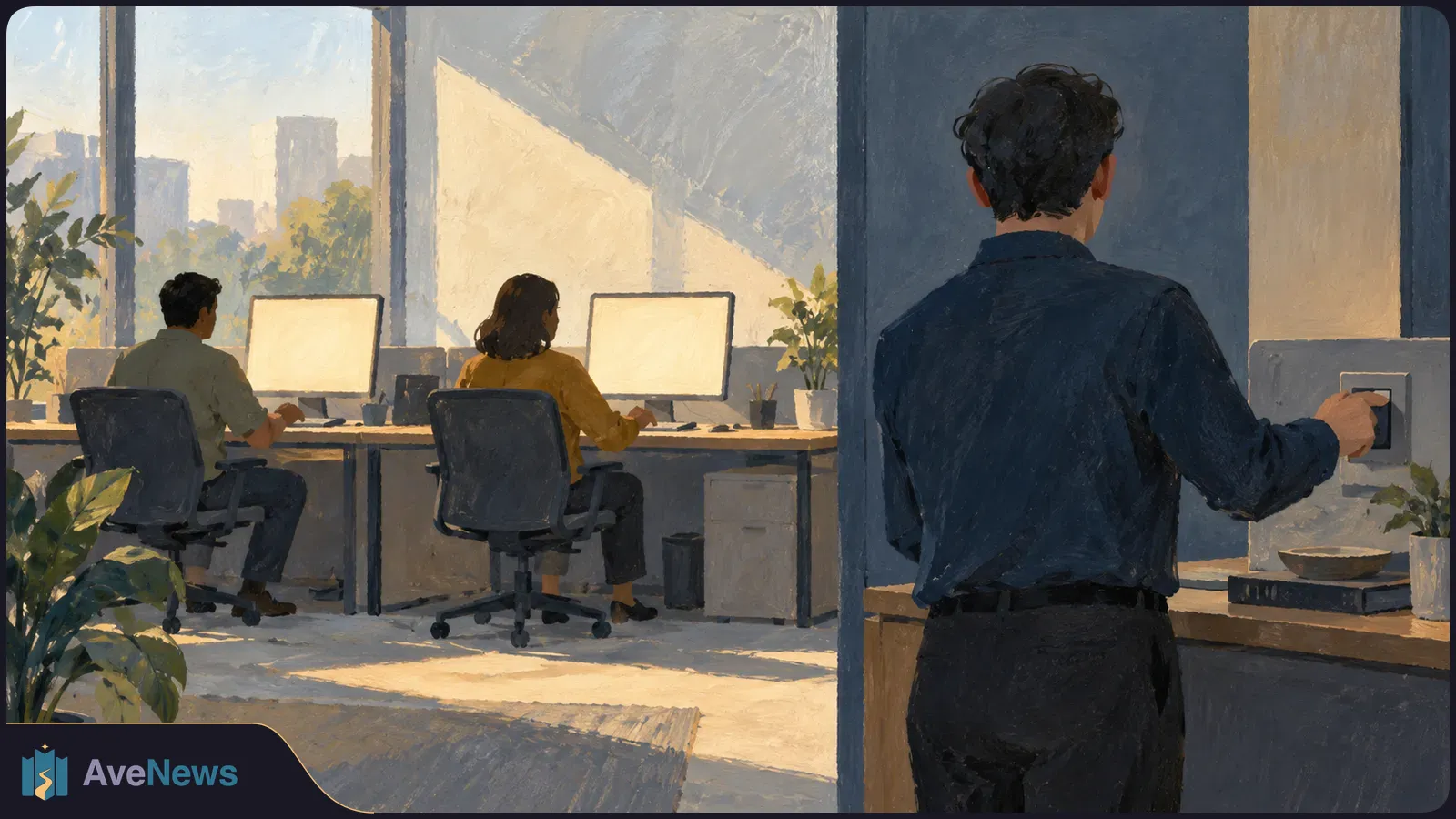 Painted office scene with two people at blank computer screens while another person reaches for a wall switch in the foreground. SI illustration