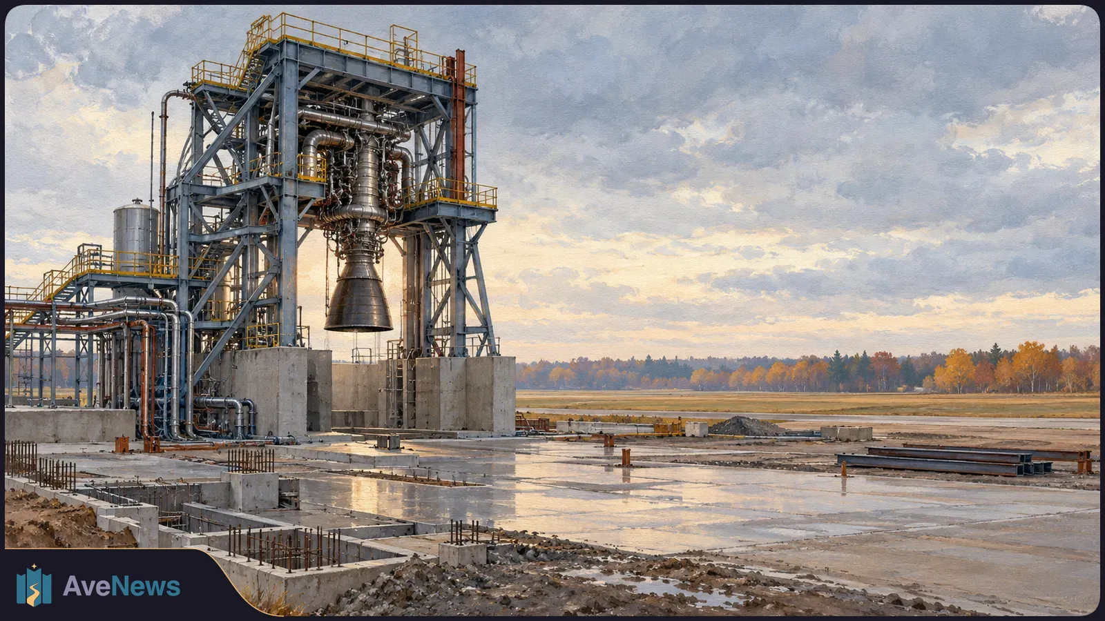 A large rocket engine hangs in a steel test stand above a concrete construction site, with pipes, yellow railings and autumn trees beneath a cloudy sky. SI illustration