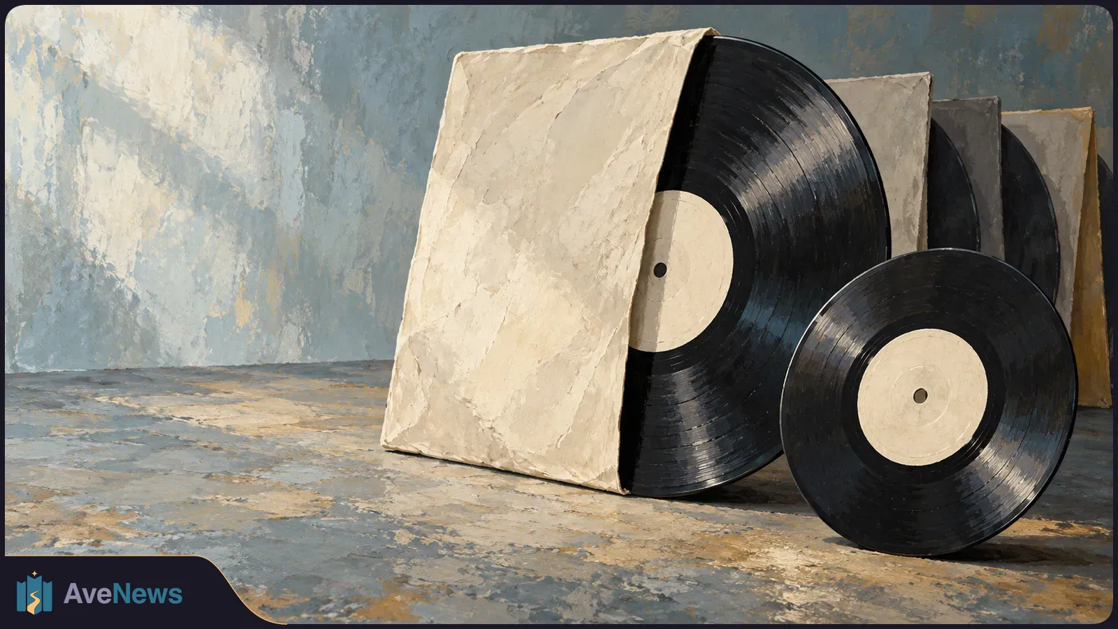 Black vinyl records in plain paper sleeves stand against a textured blue-gray wall, with one record propped in front. SI illustration