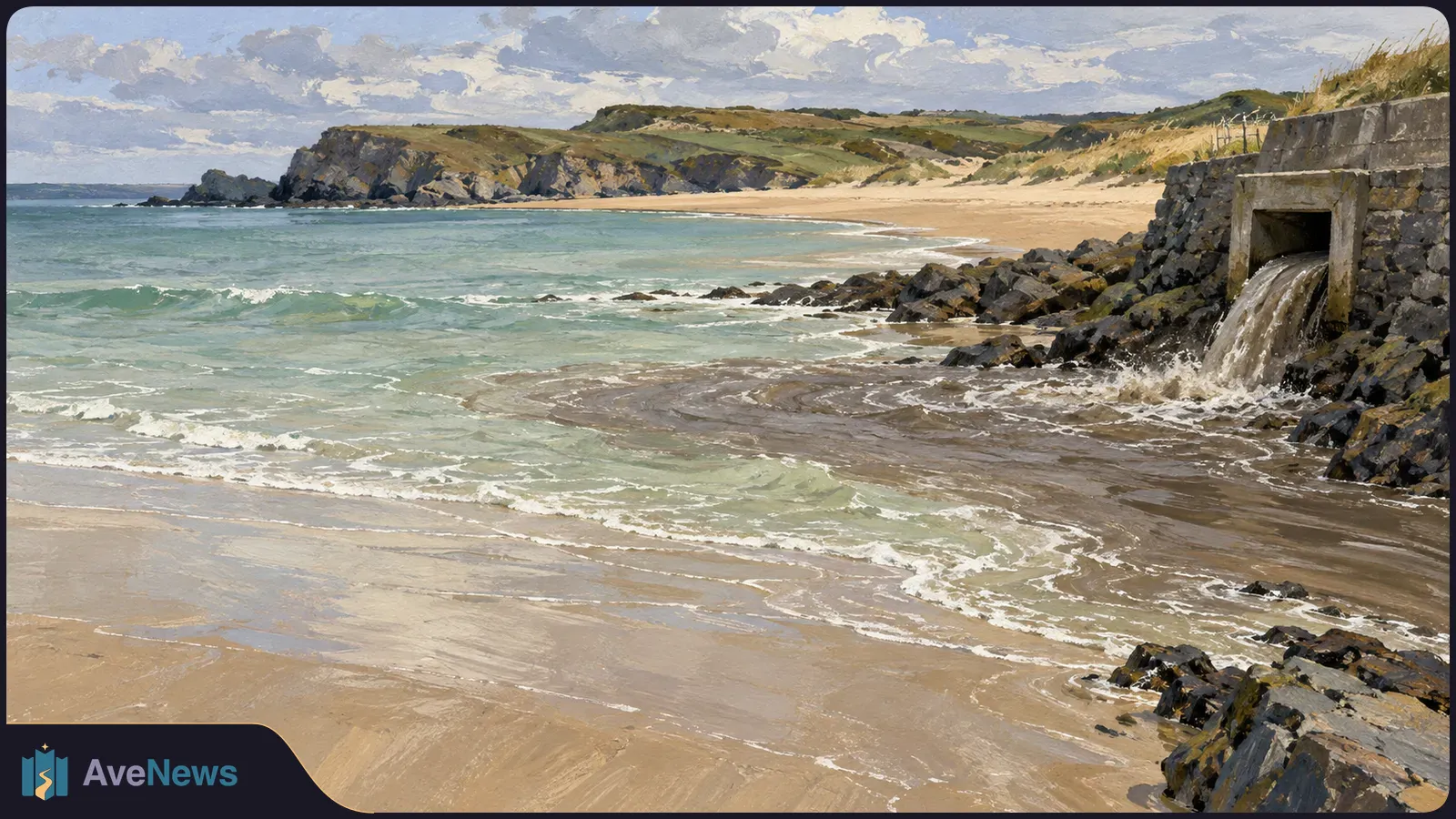 Painted coastal scene with brown water flowing from a stone outfall into the surf beside a sandy beach and rocky headland. SI illustration