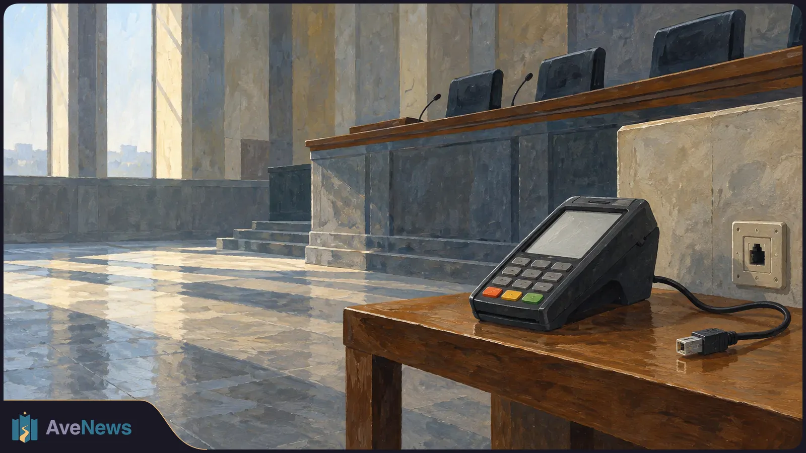 A card-payment terminal with an unplugged cable sits on a wooden table in an empty courtroom, with a raised bench behind it. SI illustration