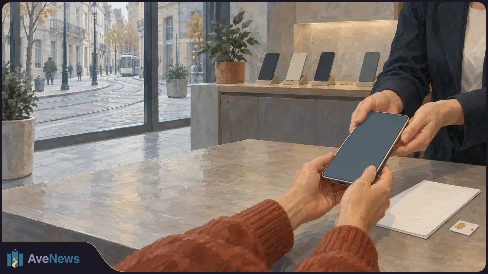 Painted scene of a smartphone being handed across a shop counter, with display phones behind it, a SIM card and blank paper on the counter, and a tram visible through the window. SI illustration