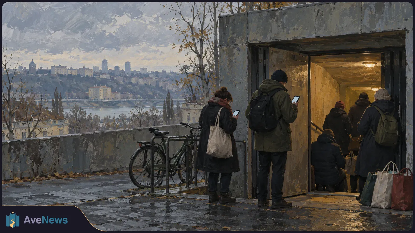 Painterly scene of people near a lit underground entrance, two looking at phones. Bicycles stand beside a wall, with a river and city skyline beyond. SI illustration