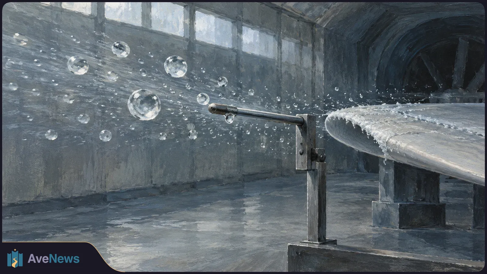 A metal probe extends among water droplets beside an ice-coated wing-shaped section inside a gray test tunnel. SI illustration