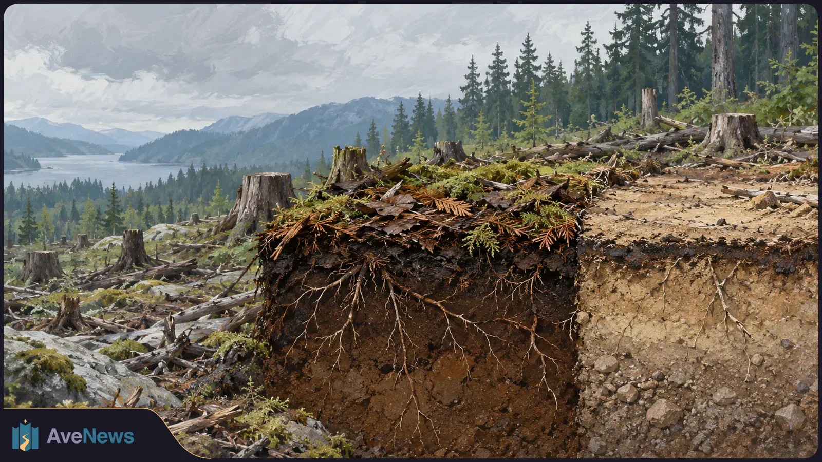 Painted logged hillside with stumps and fallen branches. A cutaway in the foreground shows dark leaf litter and roots beside bare, lighter soil; forest, mountains and a lake lie beyond. SI illustration