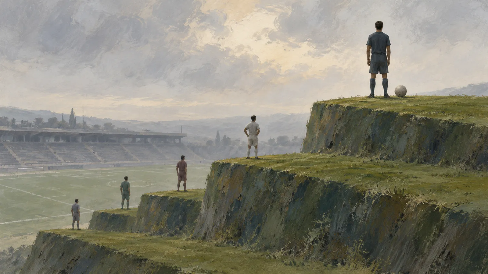 Painted scene of five footballers standing on separate grassy ledges above a stadium pitch; a ball rests near the highest figure under a cloudy sky. SI illustration