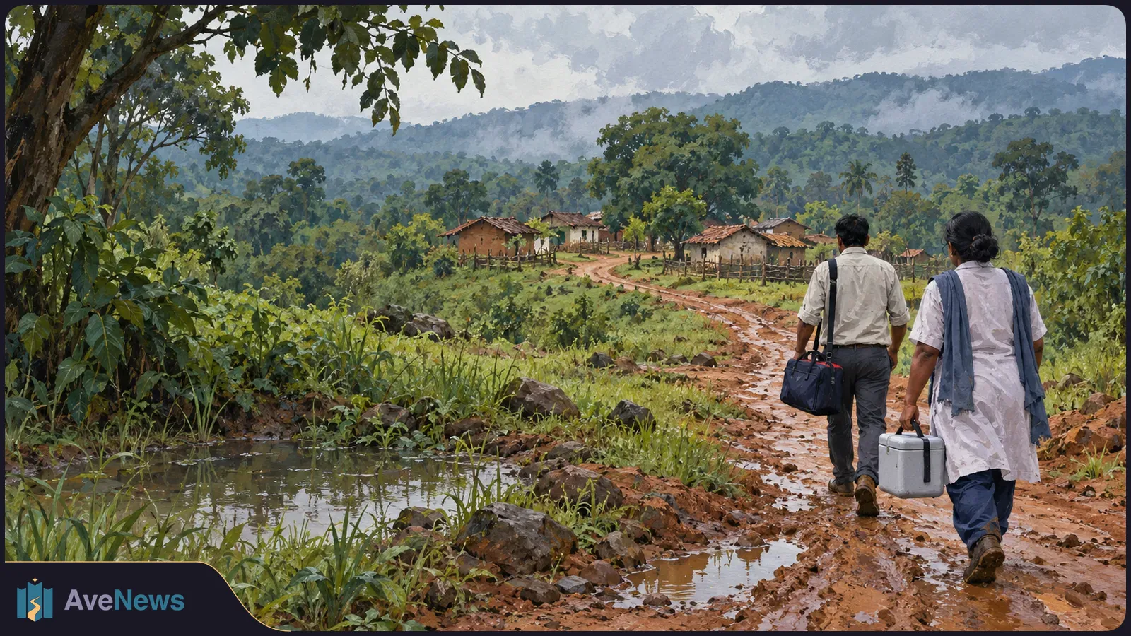 Two people carrying a dark bag and a white cooler walk along a muddy road toward a small village beneath forested hills. SI illustration