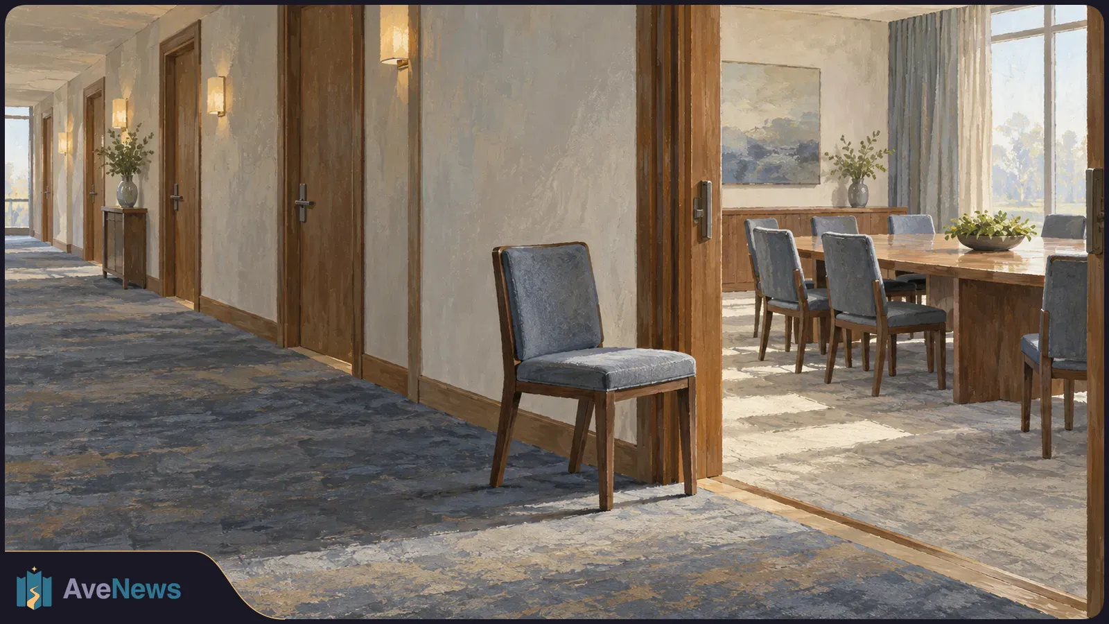 A painted corridor lined with wooden doors and wall lights runs beside an empty meeting room with a long table, blue chairs, plants and tall windows. SI illustration