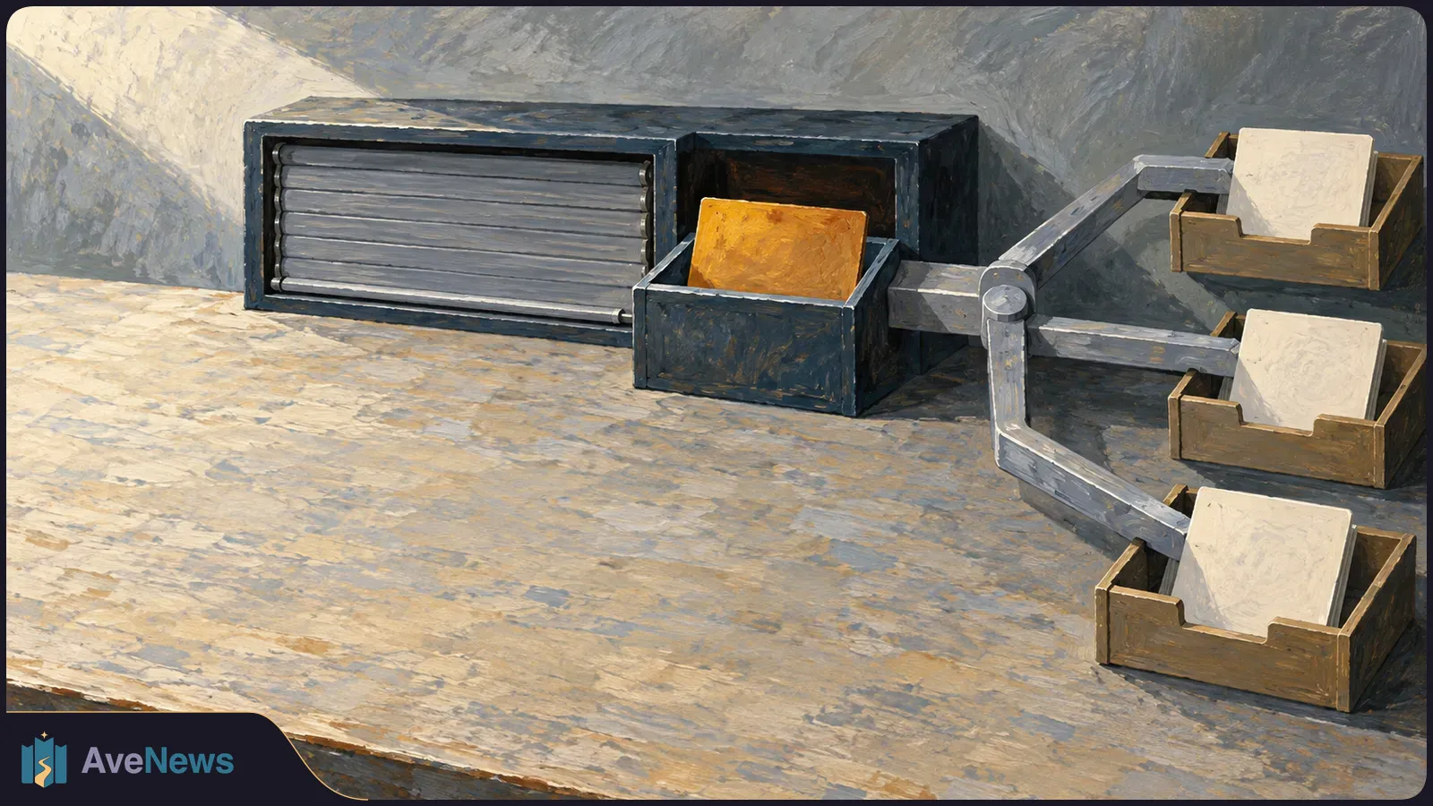 Painted illustration of a sorting machine: an orange card sits in a central bin, with metal arms leading to three trays holding blank sheets. SI illustration