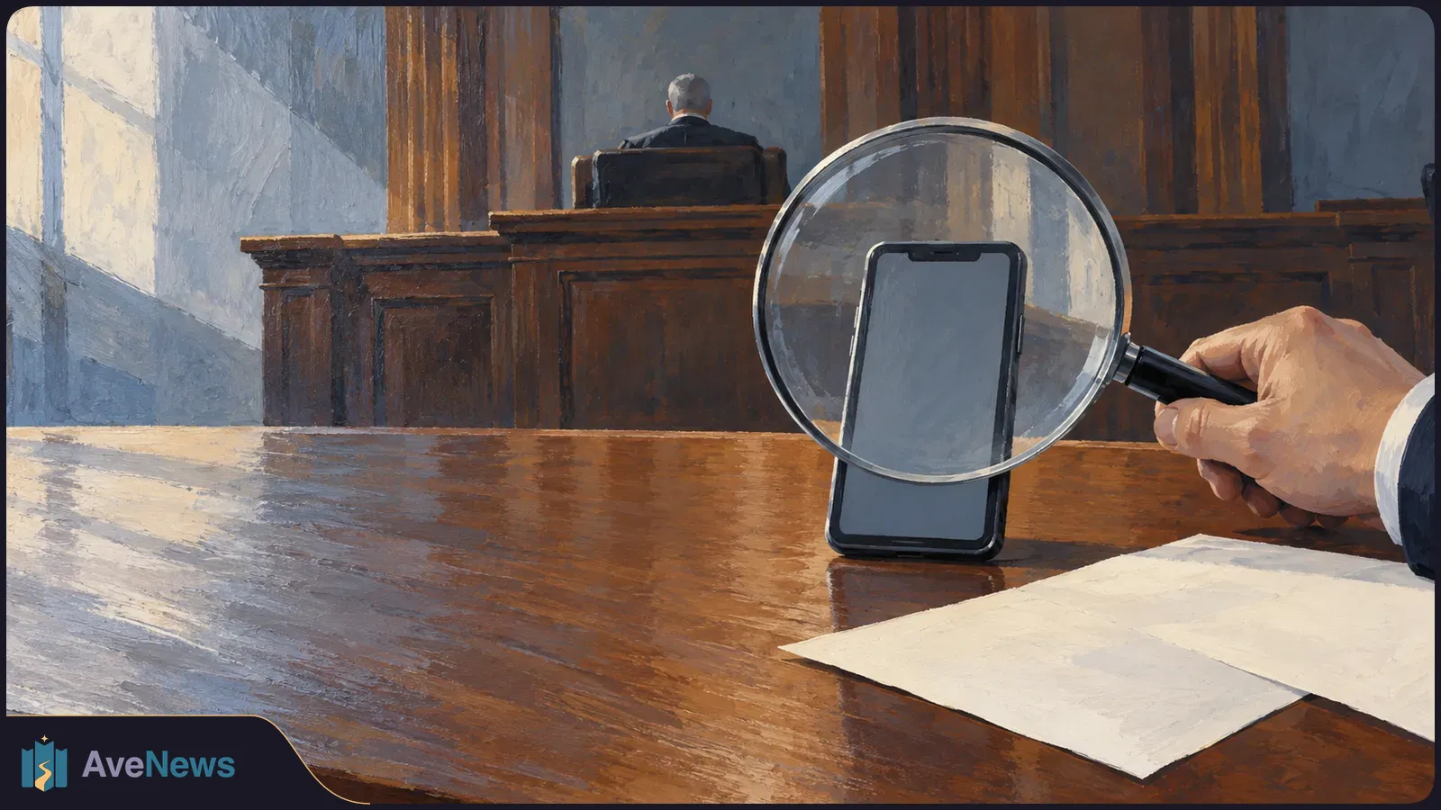 Painted courtroom scene with a blank-screen phone on a wooden table, a hand holding a magnifying glass over it, blank papers, and a seated figure in the background. SI illustration