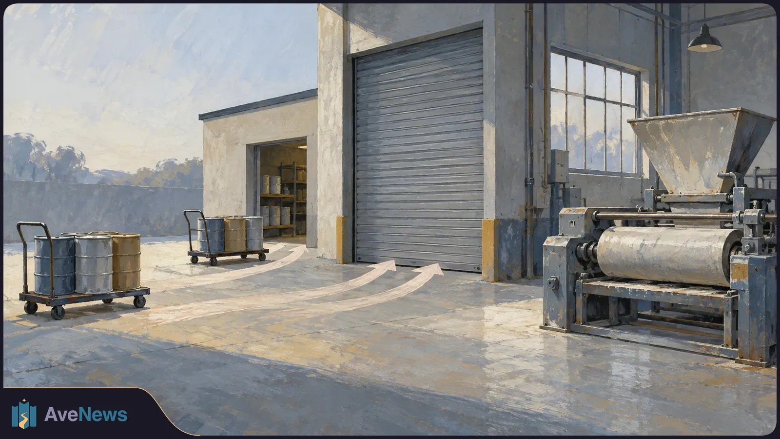Painted industrial yard with metal drums on wheeled carts, a closed roll-up door, a large machine and white arrows pointing toward the building. SI illustration