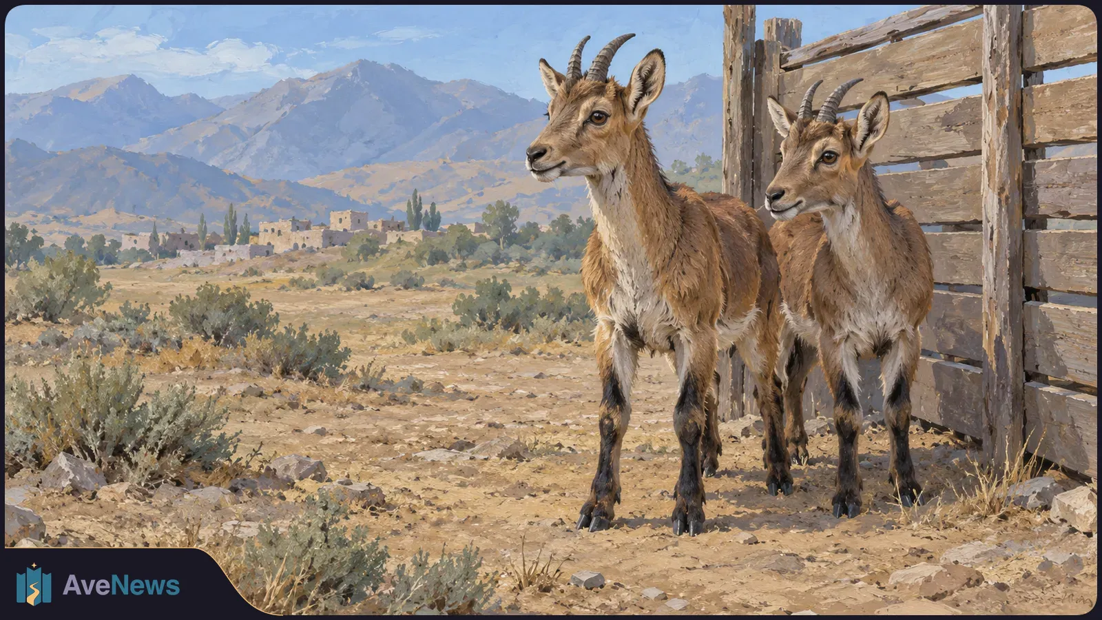 Illustration of two young horned goats beside a wooden fence in a dry, rocky landscape, with mountains and distant buildings behind them. SI illustration