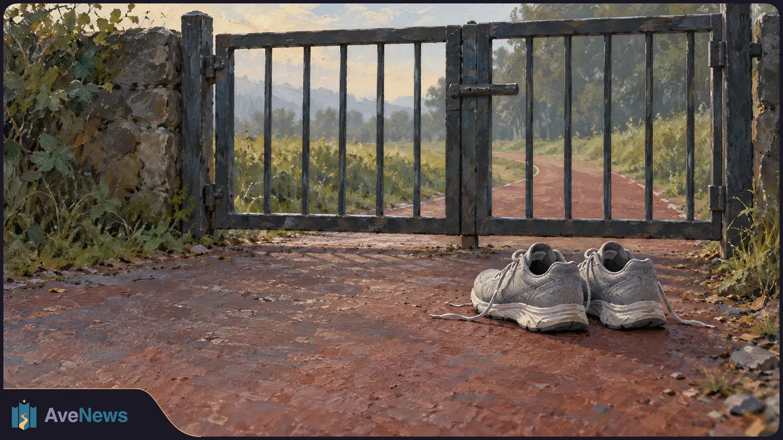 Illustration of a pair of gray running shoes on a reddish dirt path before a closed metal gate, with greenery and a winding path beyond. SI illustration