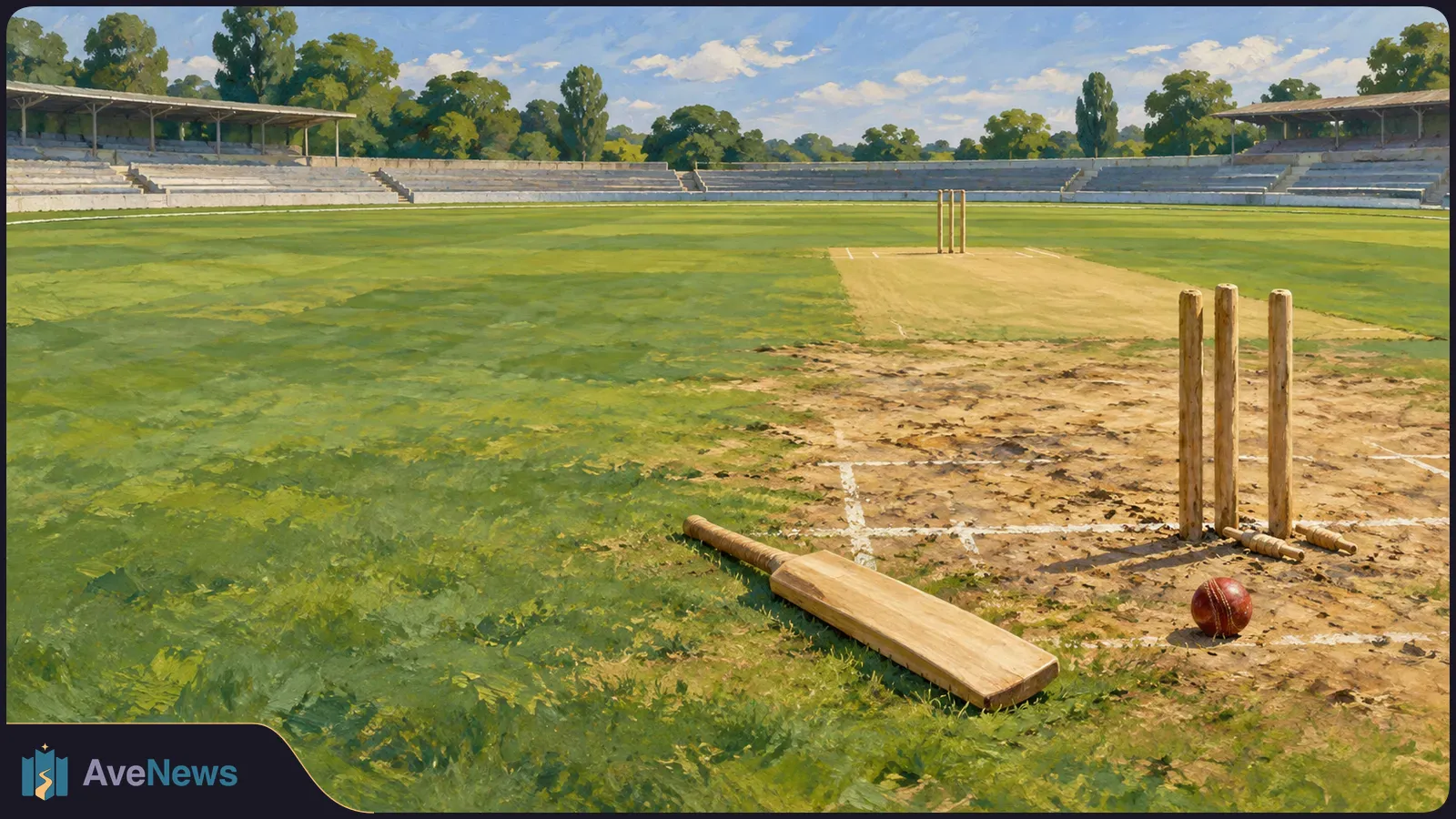 Painted view of an empty cricket ground, with a bat, red ball and wickets beside the pitch and tiered stands beyond. SI illustration