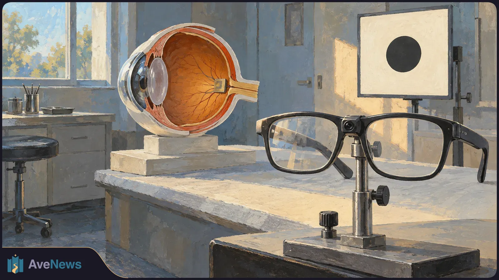 Painted eye cross-section model with a small retinal chip beside black glasses fitted with a camera; a white board with a black circle stands behind them in an exam room. SI illustration