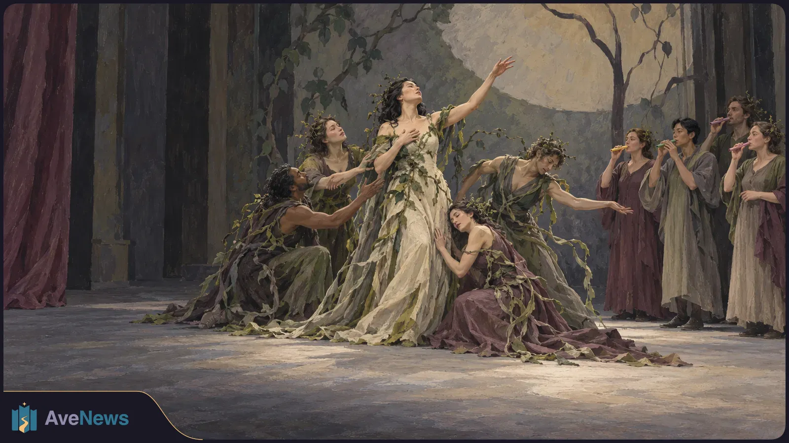 Painterly stage scene: a woman in a vine-covered white gown reaches upward as other performers gather around her; three figures at right hold small colorful instruments. SI illustration