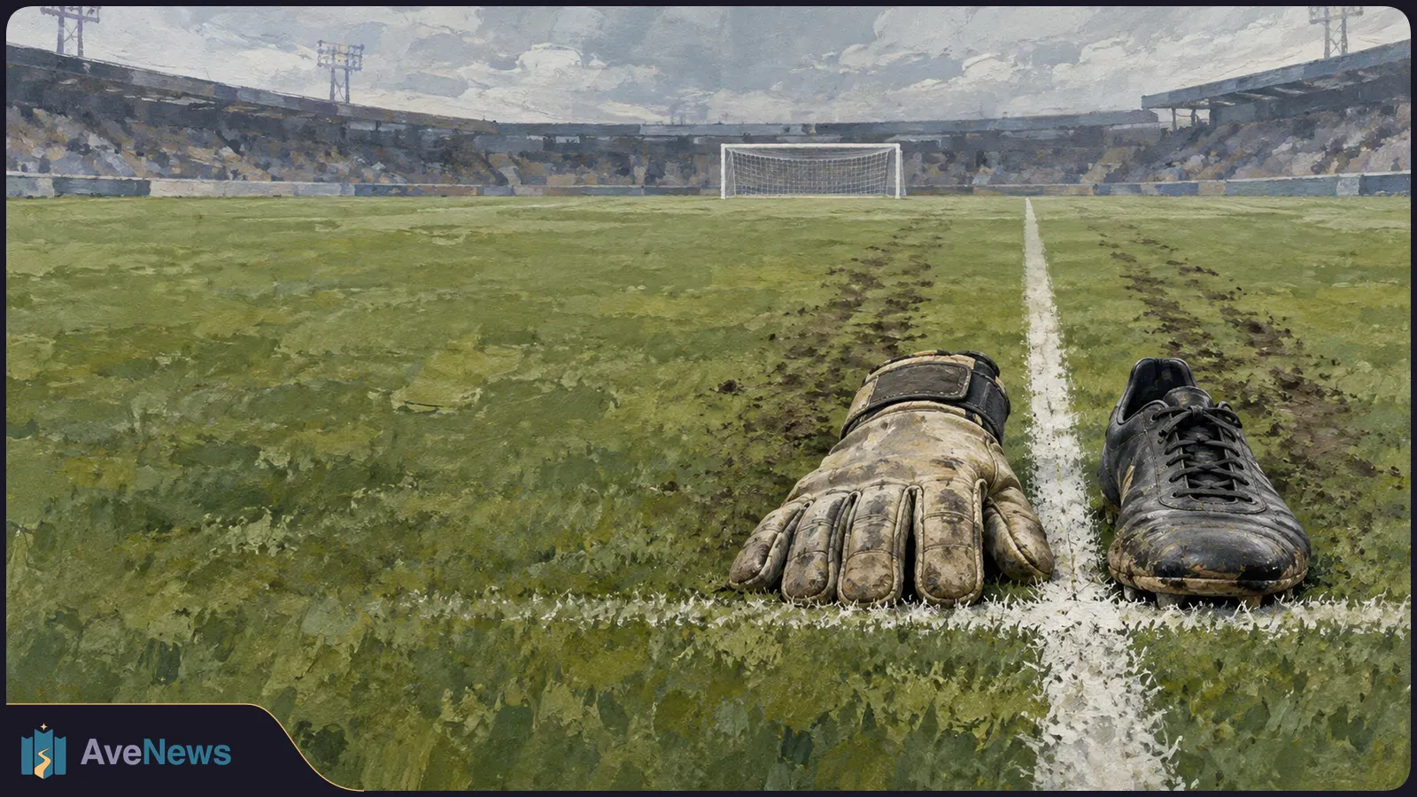 A muddy goalkeeper’s glove and football boot sit side by side on the white line of an empty pitch, with a goal and stands in the distance. SI illustration